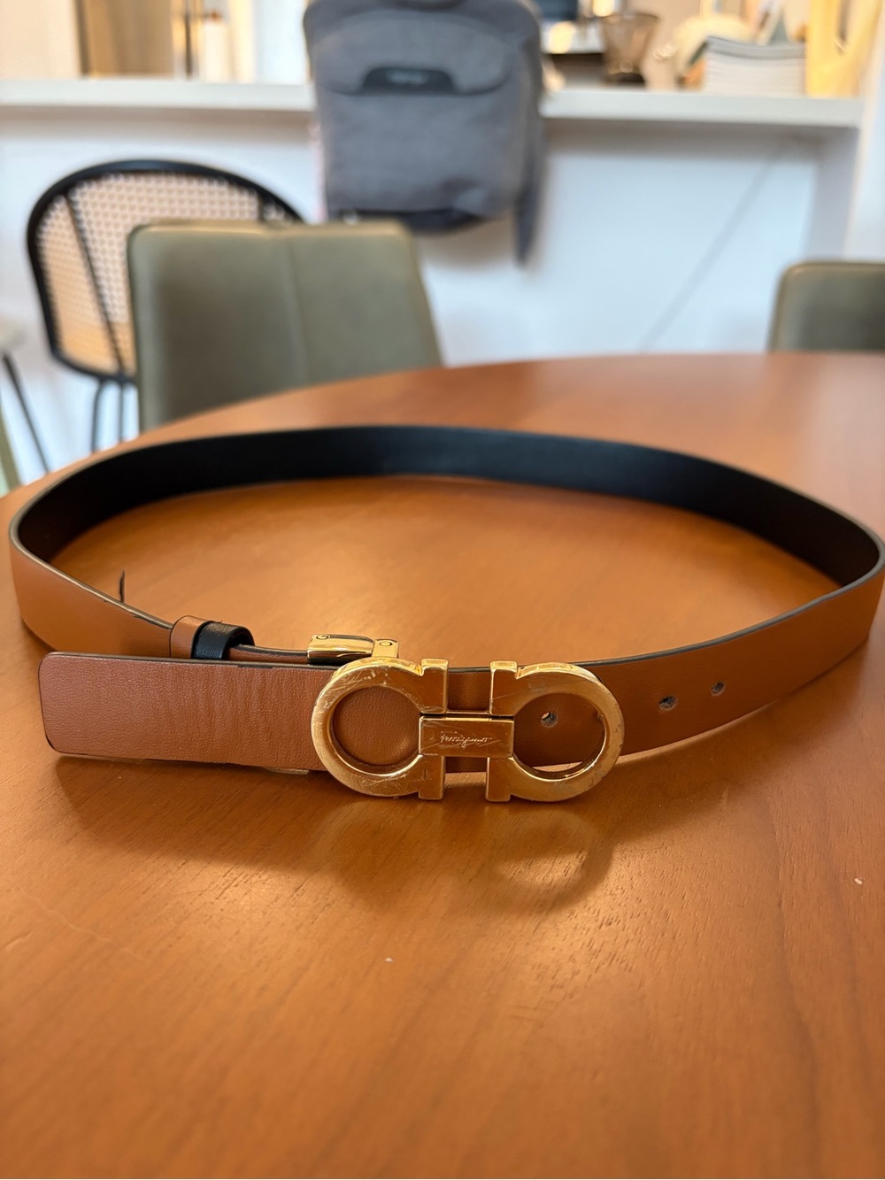 Ferragamo Black/Tan Reversible Leather Belt with Gold Double Gancio Buckle